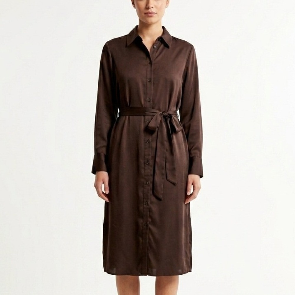 ABERCROMBIE & FITCH Long-Sleeve Satin Midi Shirt Dress Brown Women Size Small‎